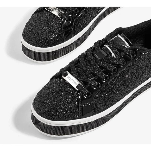 Women's Black Platform Glitter Sneakers | Sparkly Bling Shiny  Dressy - Picture 5 of 9